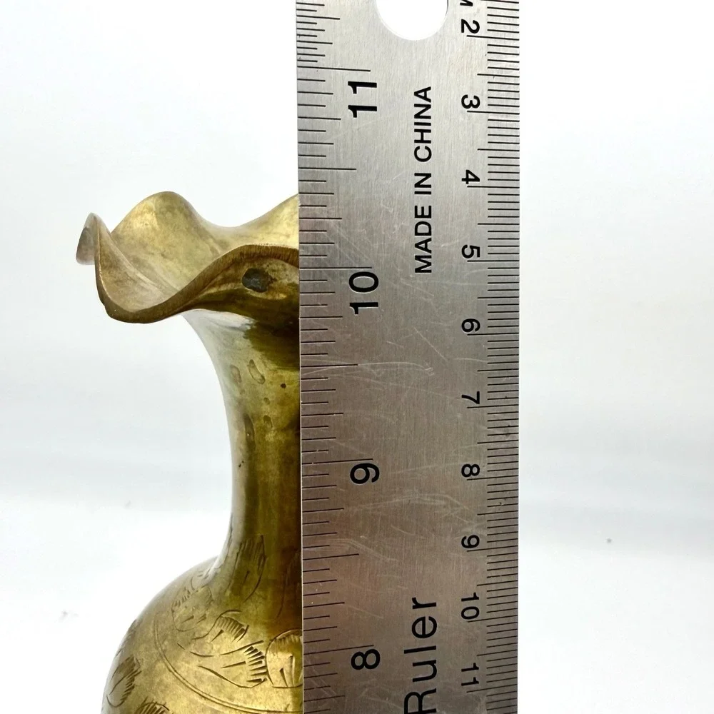 Vintage Etched Brass‎ Vase 10in Pedestal Fluted Rim Botanical Leaf Pattern
